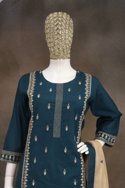 Pakistani Festive Wear Teal Blue Suit with Heavy Mal Chanderi Embroidered Dupatta Kurti With Bottom Wholesale