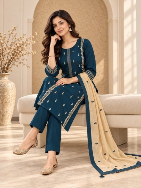 Pakistani Festive Wear Teal Blue Suit with Heavy Mal Chanderi Embroidered Dupatta Kurti With Bottom Wholesale