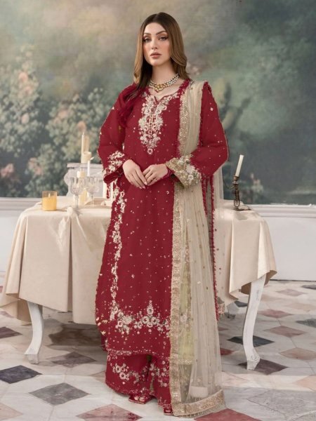 Pakistani Look Maroon Jimmy Choo Suit Set with Diamond Work Festive Glam Look Ready To Wear Collection