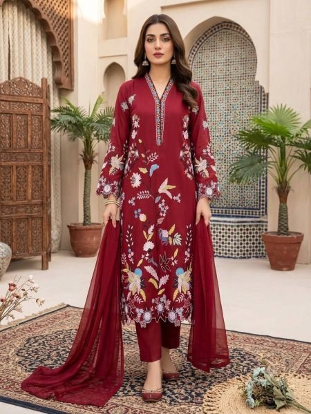 Pakistani Red Glass Roman Kurti Pant Dupatta Set with Embroidery Work For Party 