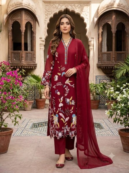 Pakistani Red Glass Roman Kurti Pant Dupatta Set with Embroidery Work For Party Ready To Wear Collection