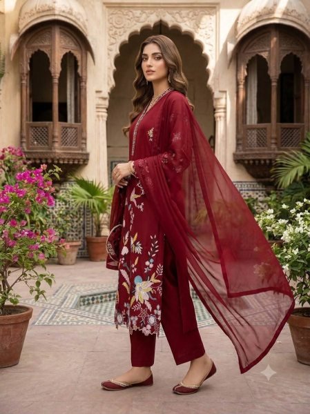 Pakistani Red Glass Roman Kurti Pant Dupatta Set with Embroidery Work For Party Ready To Wear Collection