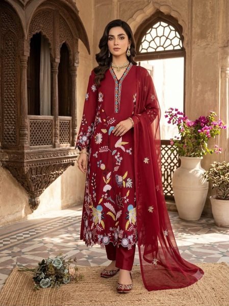 Pakistani Red Glass Roman Kurti Pant Dupatta Set with Embroidery Work For Party Ready To Wear Collection