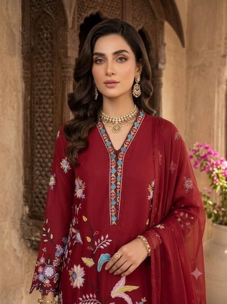 Pakistani Red Glass Roman Kurti Pant Dupatta Set with Embroidery Work For Party Ready To Wear Collection