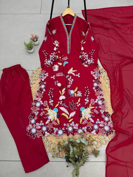 Pakistani Red Glass Roman Kurti Pant Dupatta Set with Embroidery Work For Party Ready To Wear Collection
