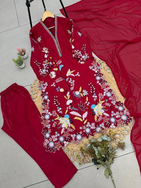 Pakistani Red Glass Roman Kurti Pant Dupatta Set with Embroidery Work For Party Ready To Wear Collection