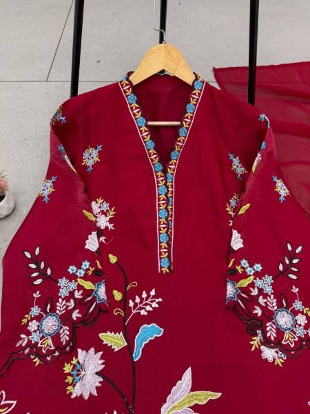 Pakistani Red Glass Roman Kurti Pant Dupatta Set with Embroidery Work For Party Ready To Wear Collection