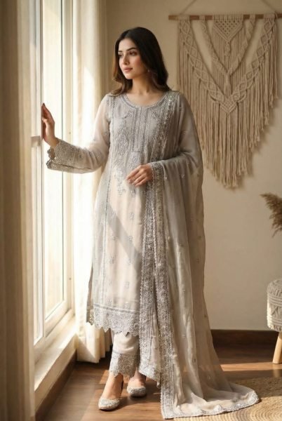 Pakistani Straight Cut Suit in Heavy Faux Georgette with Embroidery Wholesale Supply Pakistani Suits Wholesale