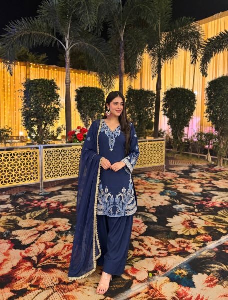 Pakistani Style Blue Farsi Salwar Suit with Kundan Organza Dupatta for Wholesale Rate Ready To Wear Suit