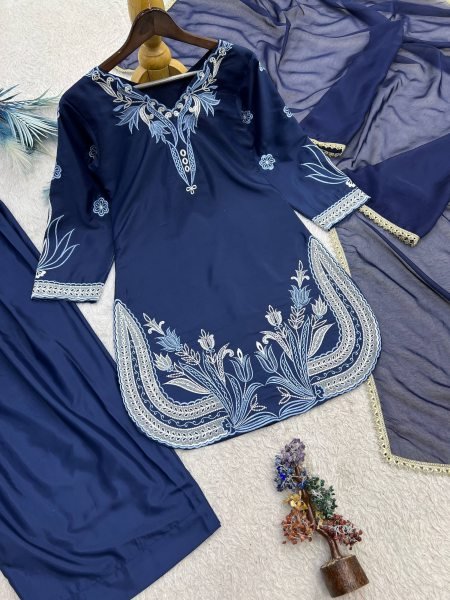Pakistani Style Blue Farsi Salwar Suit with Kundan Organza Dupatta for Wholesale Rate Ready To Wear Collection
