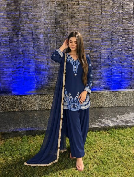 Pakistani Style Blue Farsi Salwar Suit with Kundan Organza Dupatta for Wholesale Rate Ready To Wear Collection