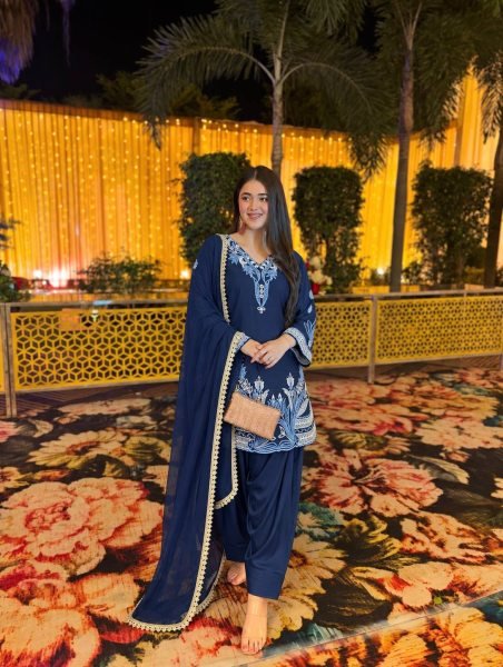 Pakistani Style Blue Farsi Salwar Suit with Kundan Organza Dupatta for Wholesale Rate Ready To Wear Collection