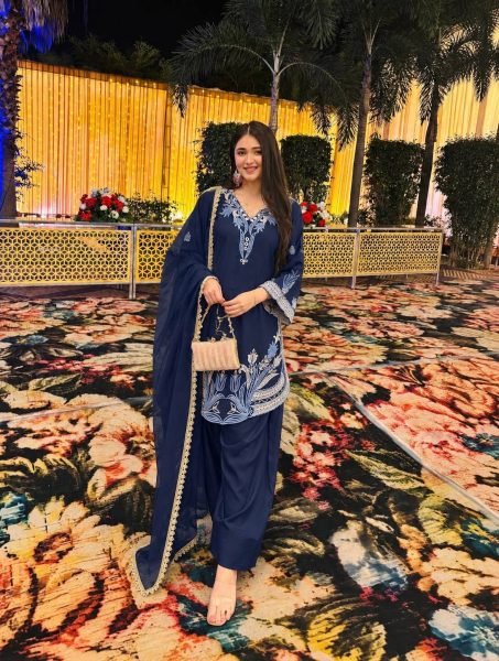 Pakistani Style Blue Farsi Salwar Suit with Kundan Organza Dupatta for Wholesale Rate Ready To Wear Collection
