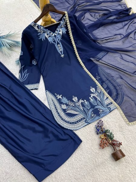 Pakistani Style Blue Farsi Salwar Suit with Kundan Organza Dupatta for Wholesale Rate Ready To Wear Collection