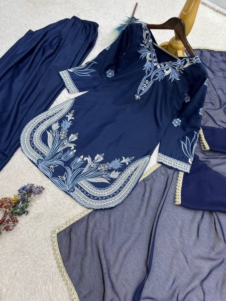 Pakistani Style Blue Farsi Salwar Suit with Kundan Organza Dupatta for Wholesale Rate Ready To Wear Collection