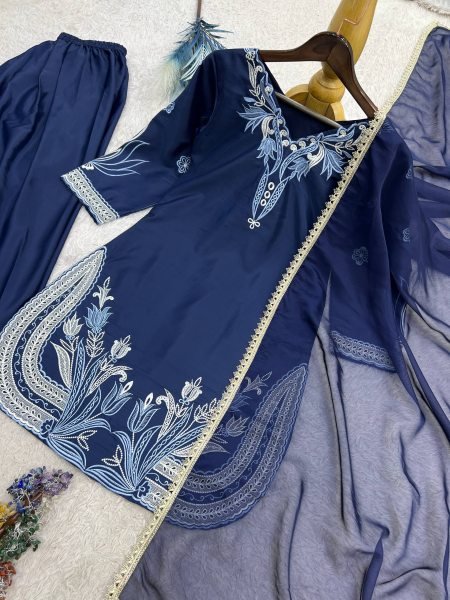 Pakistani Style Blue Farsi Salwar Suit with Kundan Organza Dupatta for Wholesale Rate Ready To Wear Collection