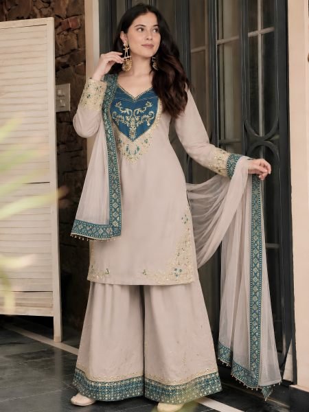 Pakistani Style Cream Maska Cotton Suit with Embroidered Sequins Dupatta at Wholesale Rate Ready To Wear Suit