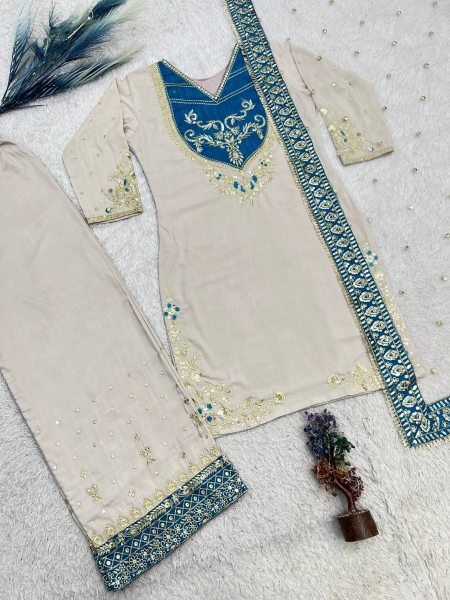 Pakistani Style Cream Maska Cotton Suit with Embroidered Sequins Dupatta at Wholesale Rate Ready To Wear Collection