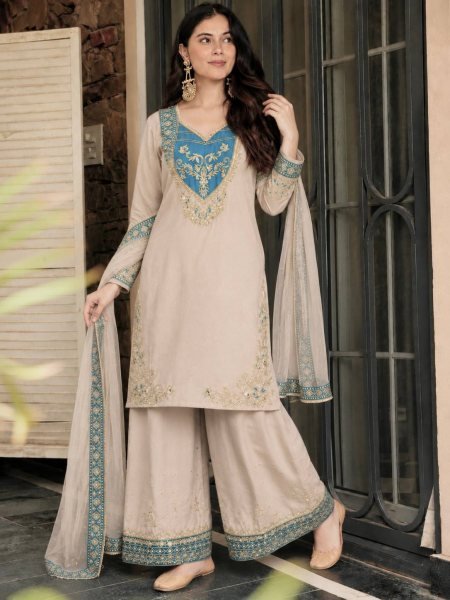 Pakistani Style Cream Maska Cotton Suit with Embroidered Sequins Dupatta at Wholesale Rate Ready To Wear Collection