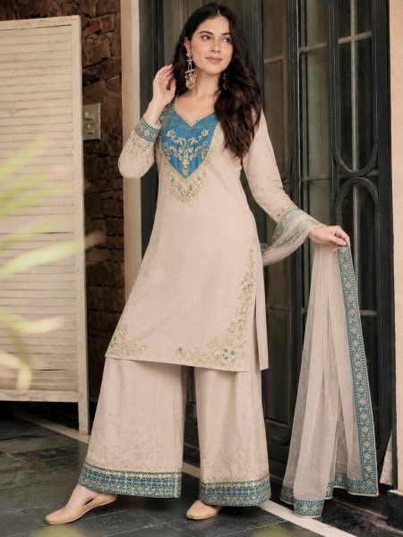 Pakistani Style Cream Maska Cotton Suit with Embroidered Sequins Dupatta at Wholesale Rate Ready To Wear Collection