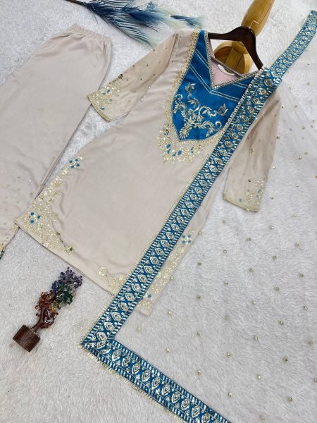Pakistani Style Cream Maska Cotton Suit with Embroidered Sequins Dupatta at Wholesale Rate Ready To Wear Collection