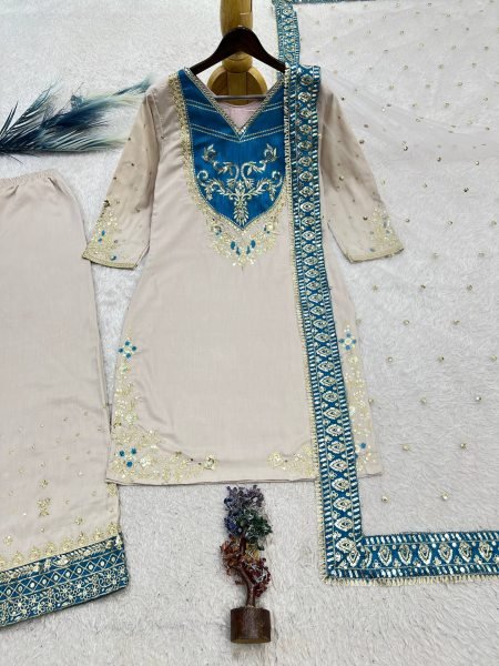 Pakistani Style Cream Maska Cotton Suit with Embroidered Sequins Dupatta at Wholesale Rate Ready To Wear Collection
