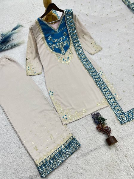 Pakistani Style Cream Maska Cotton Suit with Embroidered Sequins Dupatta at Wholesale Rate Ready To Wear Collection