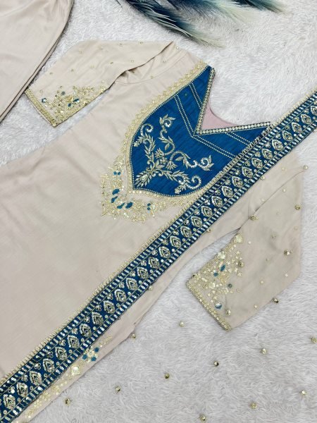 Pakistani Style Cream Maska Cotton Suit with Embroidered Sequins Dupatta at Wholesale Rate Ready To Wear Collection