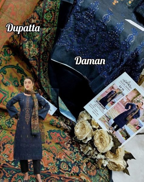 Pakistani Style Self Embroidered Semi Cotton Suit with Printed Dupatta Noor Jahan Collection Pakistani Suits Wholesale