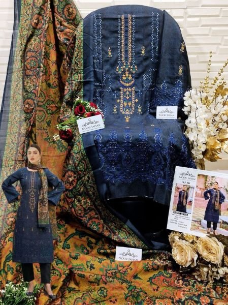 Pakistani Style Self Embroidered Semi Cotton Suit with Printed Dupatta Noor Jahan Collection Pakistani Suits Wholesale