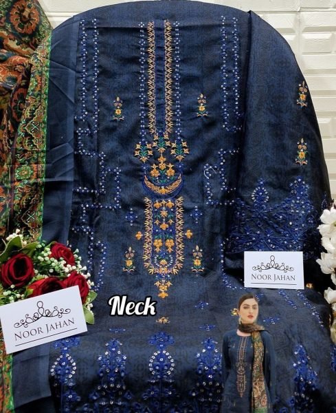 Pakistani Style Self Embroidered Semi Cotton Suit with Printed Dupatta Noor Jahan Collection Pakistani Suits Wholesale