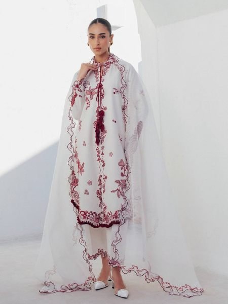 Pakistani White Roman Silk Kurti Pant Dupatta Set with Embroidery Work for Festival Ready To Wear Suit