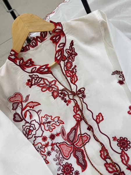 Pakistani White Roman Silk Kurti Pant Dupatta Set with Embroidery Work for Festival Ready To Wear Collection