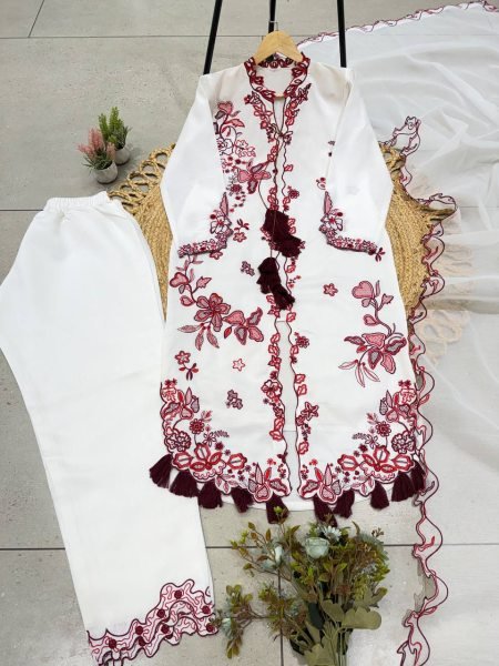 Pakistani White Roman Silk Kurti Pant Dupatta Set with Embroidery Work for Festival Ready To Wear Collection