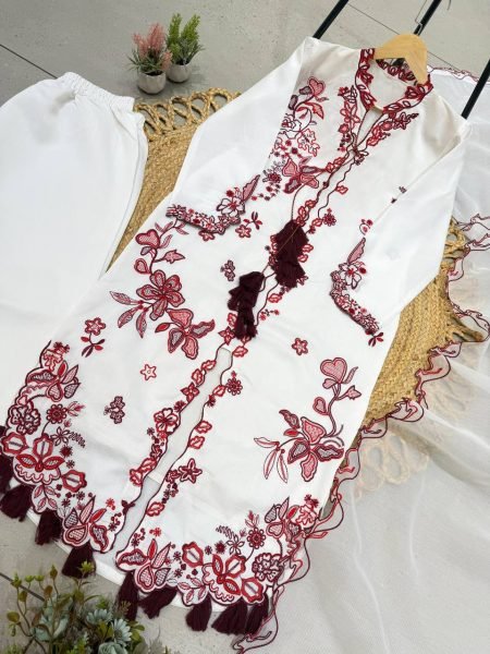 Pakistani White Roman Silk Kurti Pant Dupatta Set with Embroidery Work for Festival Ready To Wear Collection