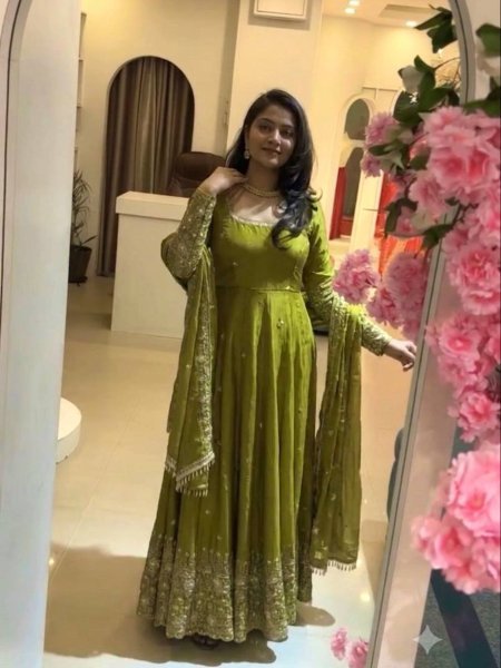 Parrort Green Crunchy Silk Full Flair Gown Set with Heavy Sequins Embroidery Work 