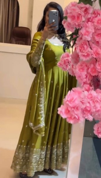 Parrort Green Crunchy Silk Full Flair Gown Set with Heavy Sequins Embroidery Work Ready To Wear Collection
