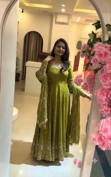 Parrort Green Crunchy Silk Full Flair Gown Set with Heavy Sequins Embroidery Work Ready To Wear Collection