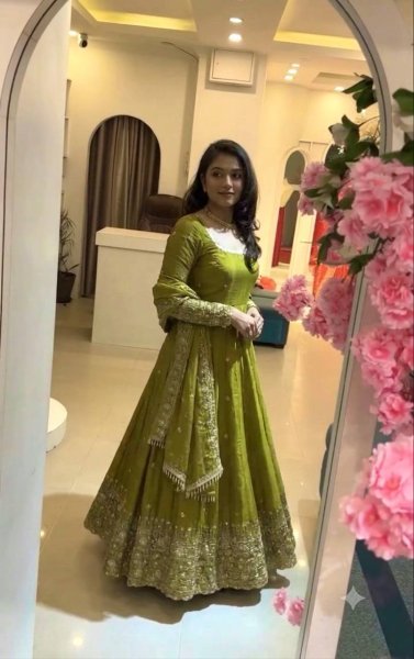 Parrort Green Crunchy Silk Full Flair Gown Set with Heavy Sequins Embroidery Work Ready To Wear Collection