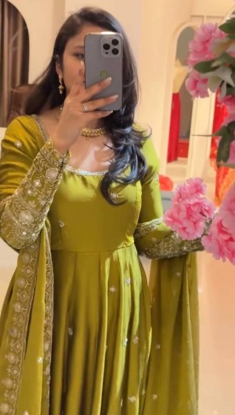 Parrort Green Crunchy Silk Full Flair Gown Set with Heavy Sequins Embroidery Work Ready To Wear Collection