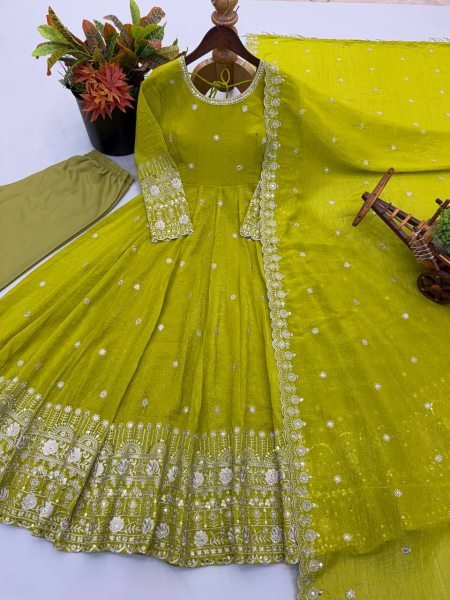 Parrort Green Crunchy Silk Full Flair Gown Set with Heavy Sequins Embroidery Work Ready To Wear Collection