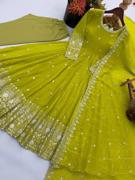 Parrort Green Crunchy Silk Full Flair Gown Set with Heavy Sequins Embroidery Work Ready To Wear Collection