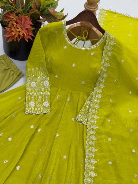 Parrort Green Crunchy Silk Full Flair Gown Set with Heavy Sequins Embroidery Work Ready To Wear Collection