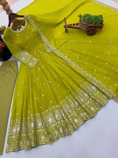 Parrort Green Crunchy Silk Full Flair Gown Set with Heavy Sequins Embroidery Work Ready To Wear Collection