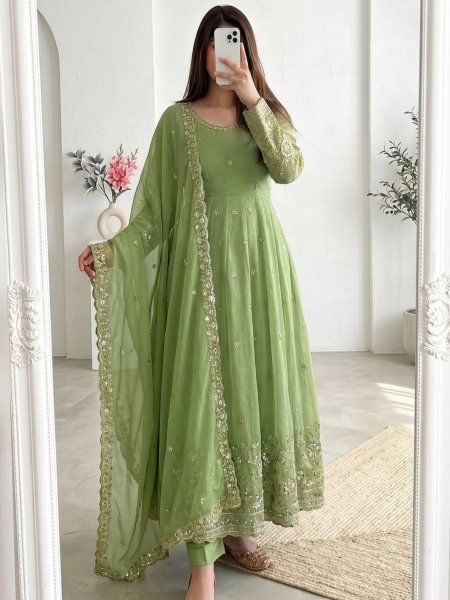 Parrot Green Boutique Style Heavy Crunchy Silk Gown with Embroidered Dupatta and Pant Ready To Wear Suit