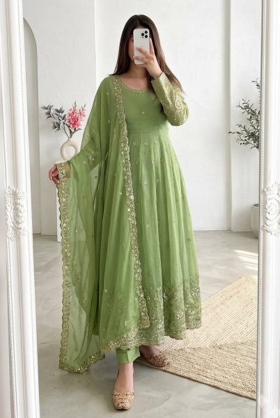 Parrot Green Boutique Style Heavy Crunchy Silk Gown with Embroidered Dupatta and Pant Ready To Wear Collection