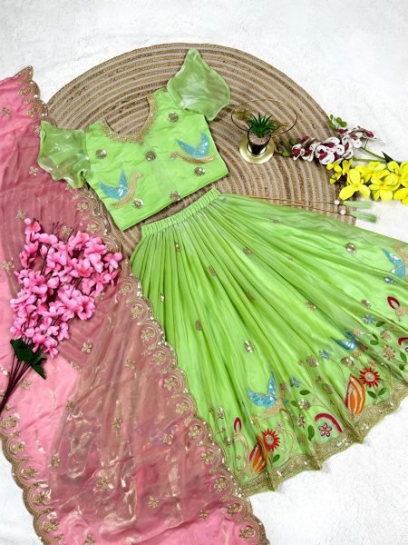 Parrot Green Designer Fendy Silk Lehenga Choli with Sequins Embroidery Work For Festival Girls Wear