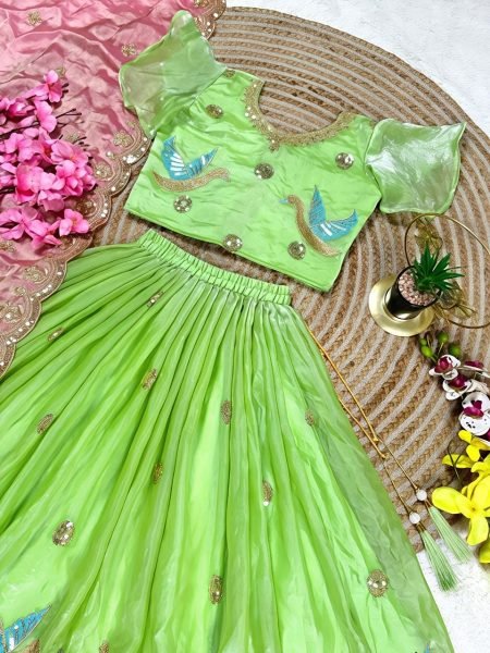 Parrot Green Designer Fendy Silk Lehenga Choli with Sequins Embroidery Work For Festival Girls Wear