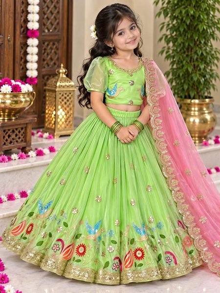 Parrot Green Designer Fendy Silk Lehenga Choli with Sequins Embroidery Work For Festival Girls Wear