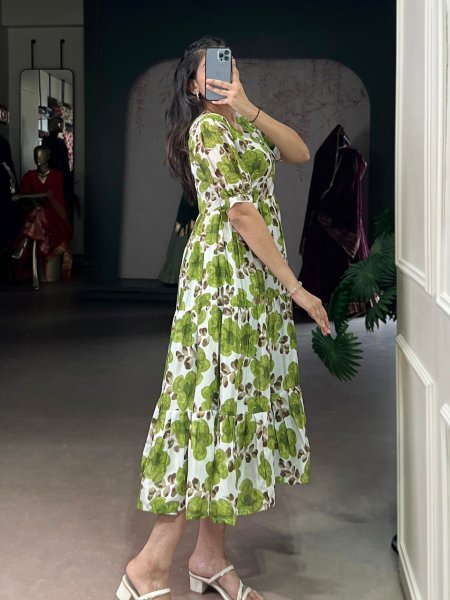 Parrot Green Designer Floral Silk Frock with Micro Crepe Lining Wholesale Rate Kurtis